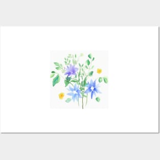 Blue Watercolor Flower Posters and Art